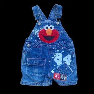 Vintage Elmo Denim Shortalls Overalls Sesame Street Cargo Snap Size 12 Months